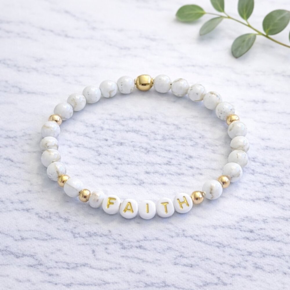 FAITH White Shell Turquoise Stone Bracelet 6mm Crystal Beads Jewelry Gift Ready